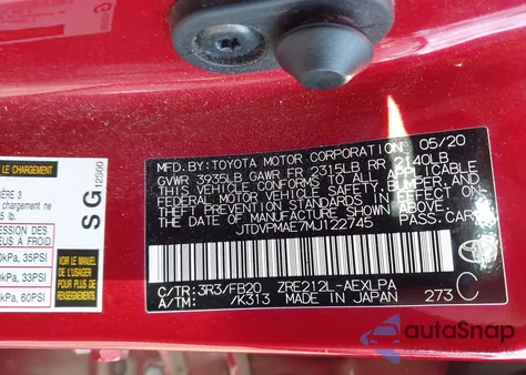 2021 Toyota Corolla Le from USA, damaged, VIN JTDVPMAE7MJ122745